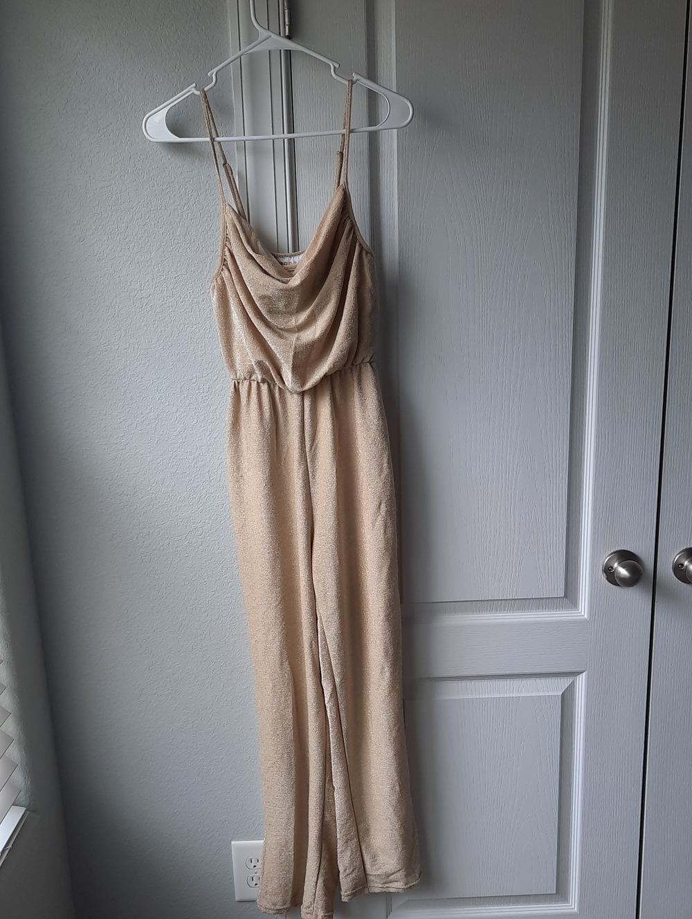 Draped-Neck Champagne Jumpsuit with Spaghetti Straps